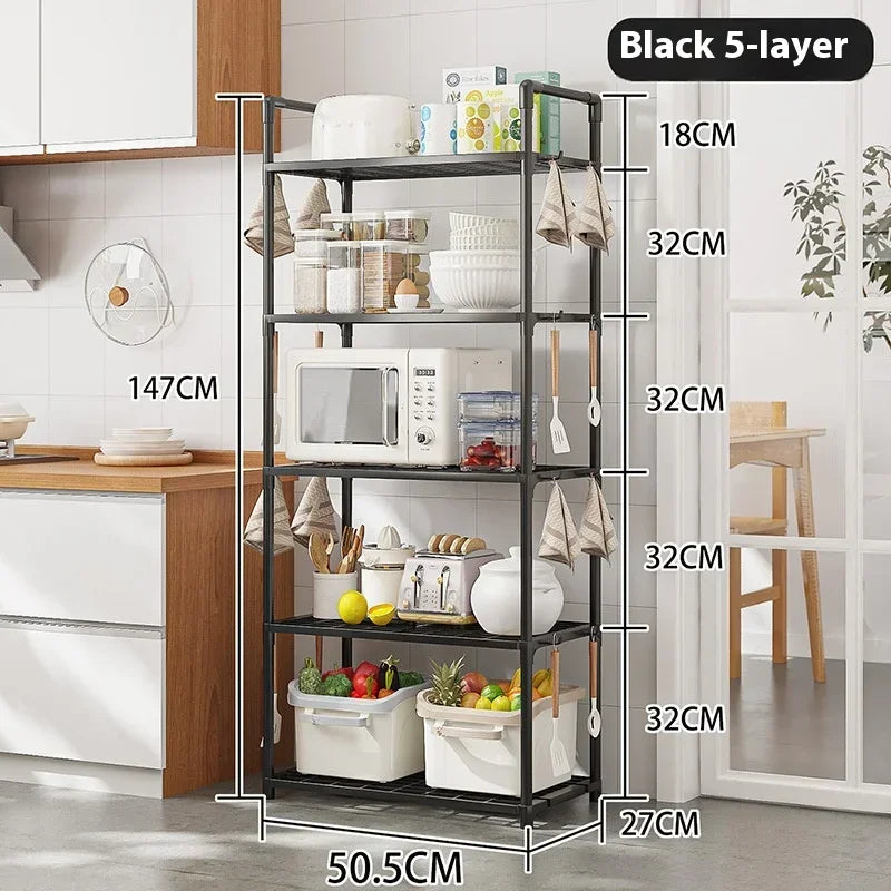 Black 5-layer multi functional metal storage shelves in kitchen holding microwave, dishes, and kitchenware