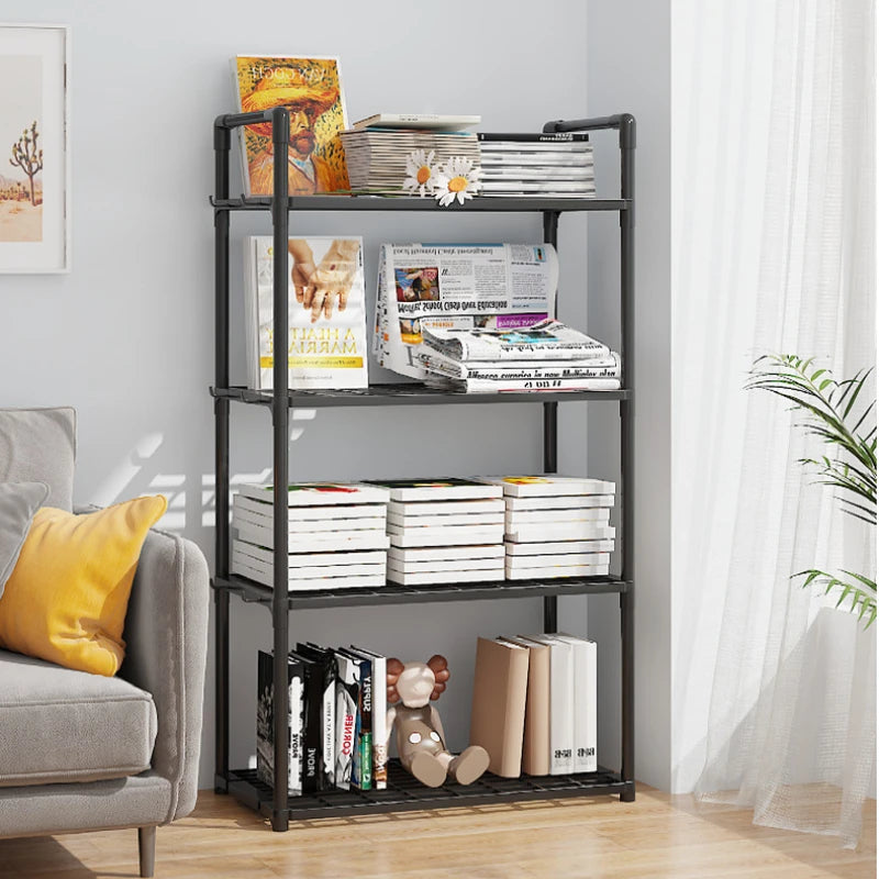Multi functional metal storage shelves with books and decor in a bright living room by Glow Market Home