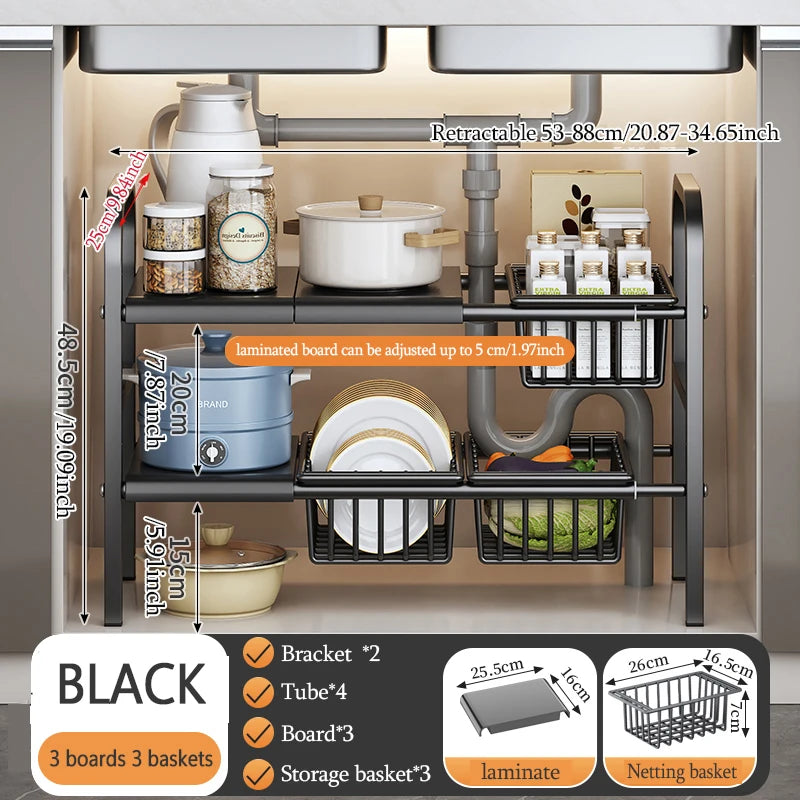 Black under sink storage solution for home with adjustable laminated boards and three baskets organizing kitchen items