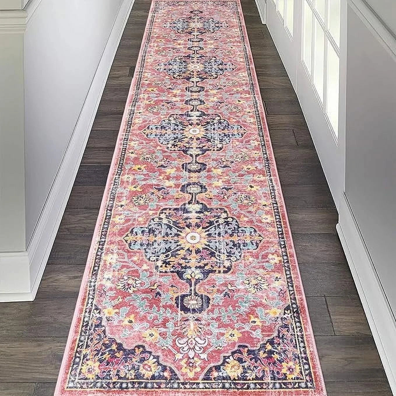 Vintage Distressed Runner Rug – 2' x 10' Pink Non-Slip Washable Hallway & Kitchen Rug