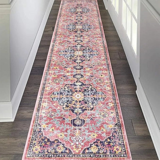 Vintage Distressed Runner Rug – 2' x 10' Pink Non-Slip Washable Hallway & Kitchen Rug
