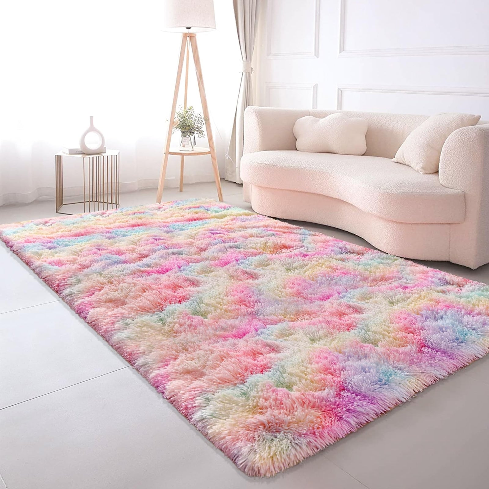 Rainbow Fluffy Plush Area Rug – 5' x 8' Shaggy Rug for Girls’ Bedroom