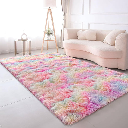 Rainbow Fluffy Plush Area Rug – 5' x 8' Shaggy Rug for Girls’ Bedroom
