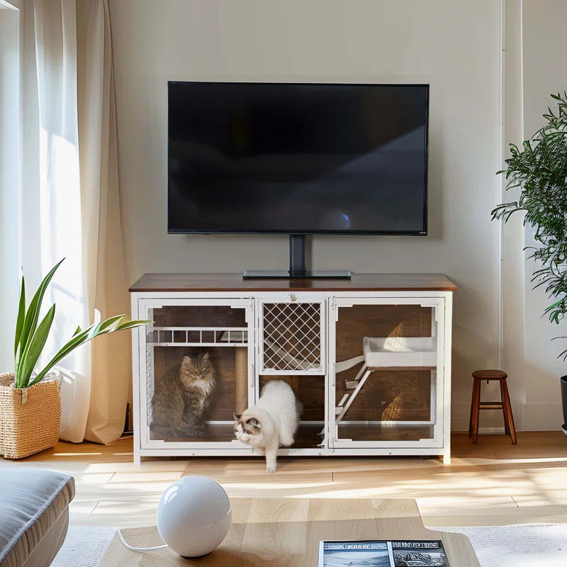 Dietzel Wooden Cat Cage & TV Stand – Multi-Functional Cat House Furniture