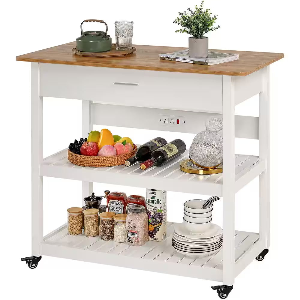 Kitchen Island Cart on Wheels – 40" Rolling Utility Cart with Power Strip & White Wood Shelves