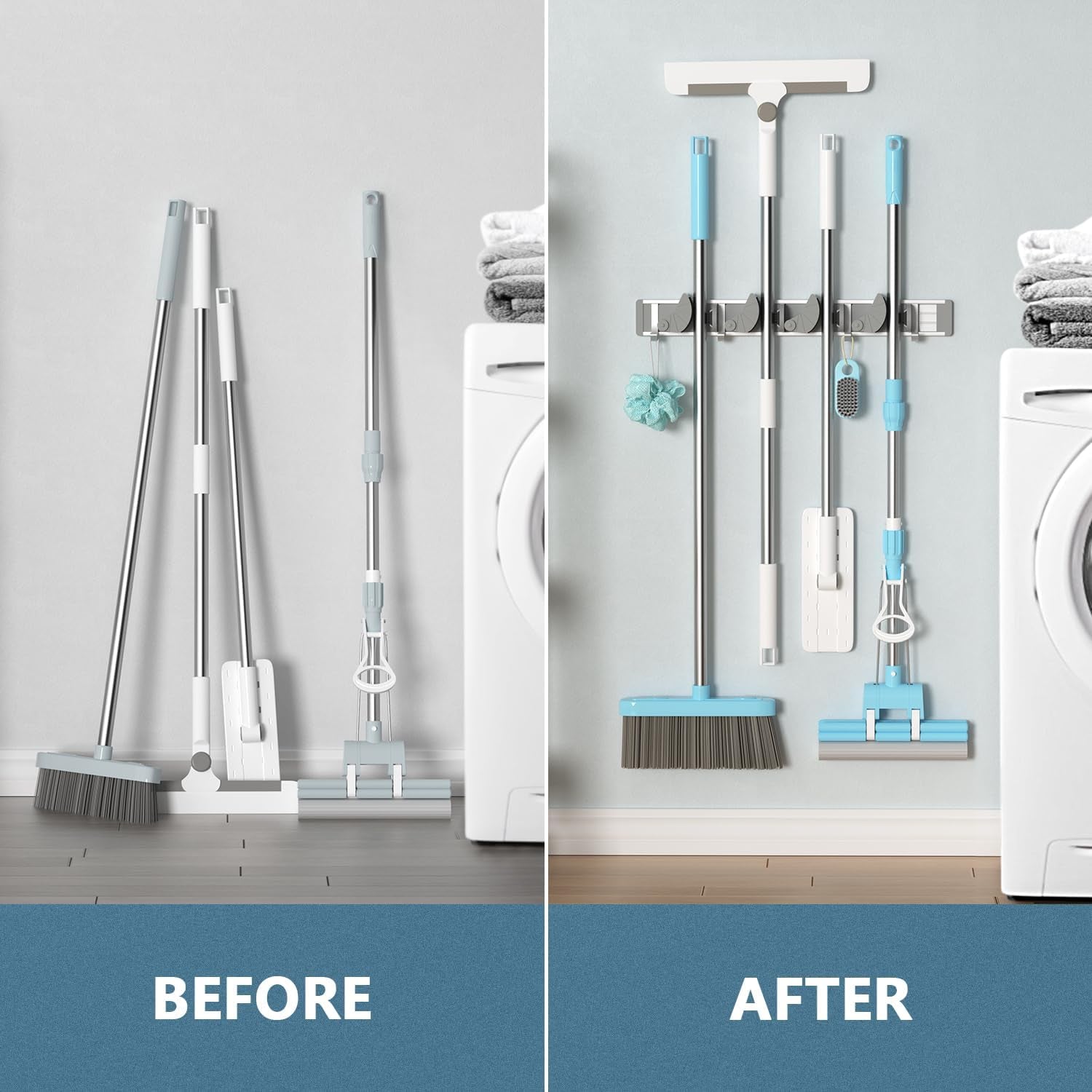Mop & Broom Holder – Wall-Mount Metal Organizer with 4 Hooks, Silver