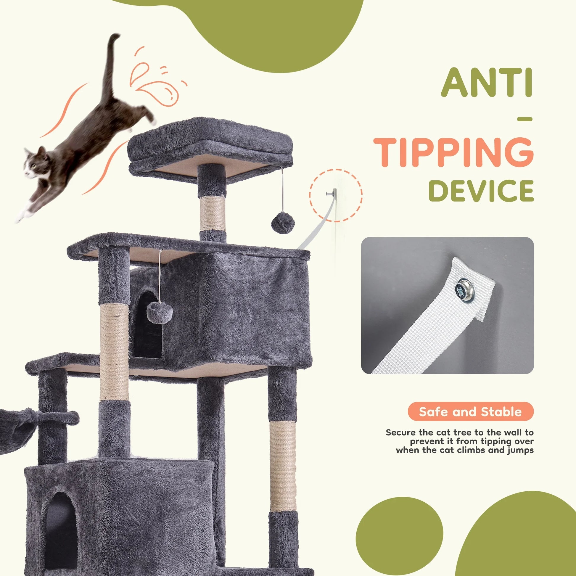 66" Cat Tree Multi Level Luxury Tower with Scratching Post, 2 Large Condo, Rest Hammock, Dark Grey