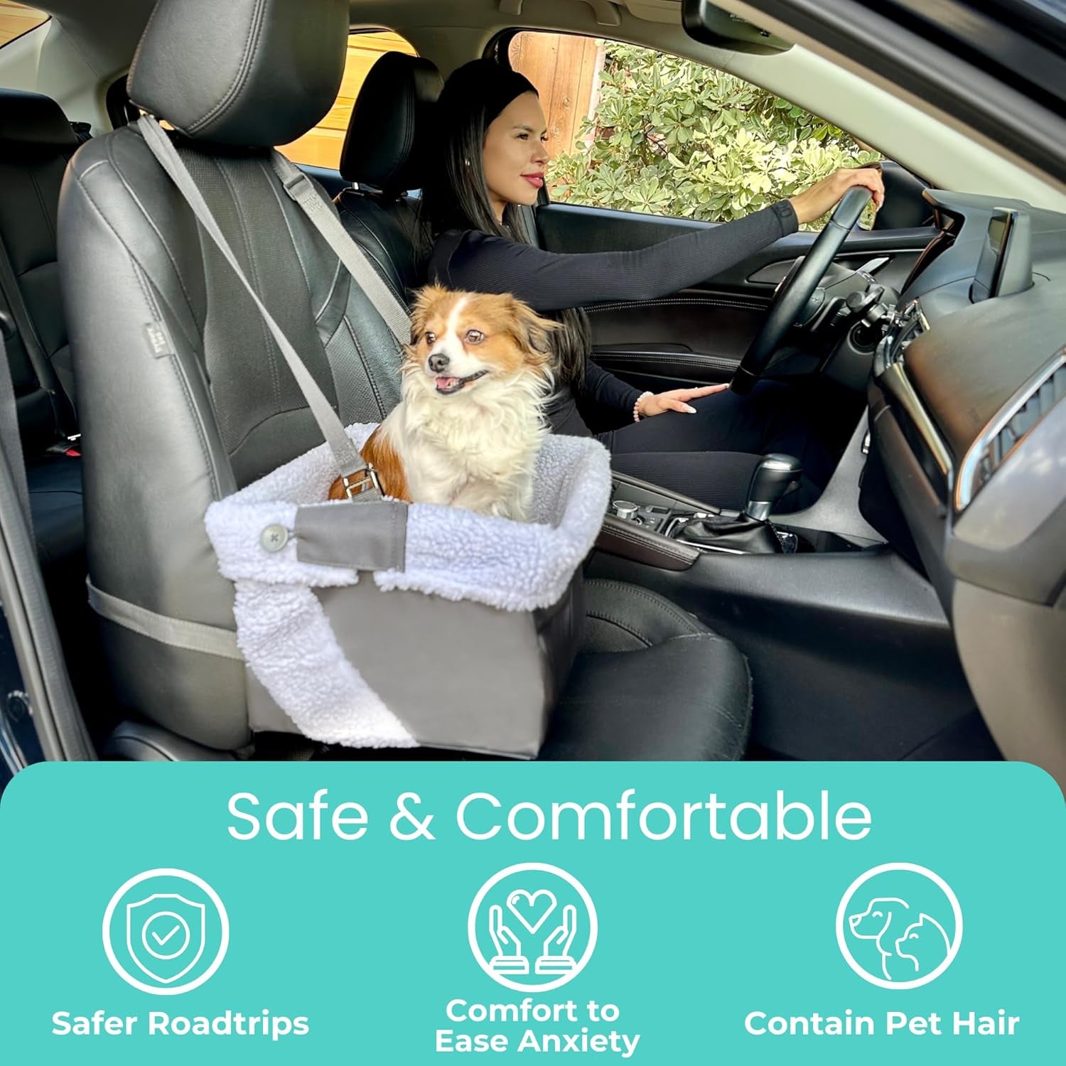Dog Car Booster Seat – Grey Travel Carrier Bed for Small Dogs, Washable, Adjustable & Collapsible