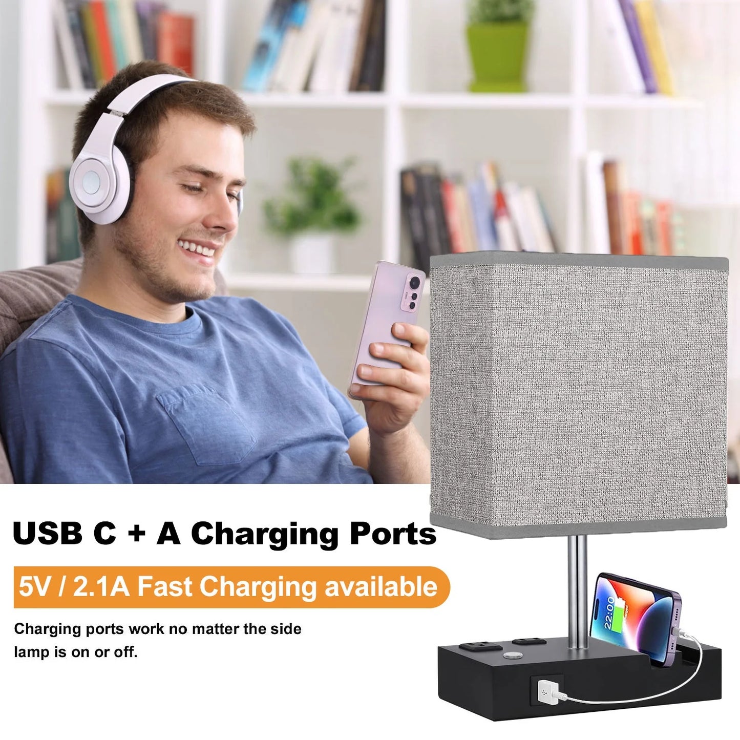 Bedside Table Lamps with Dual Phone Stands – Gray