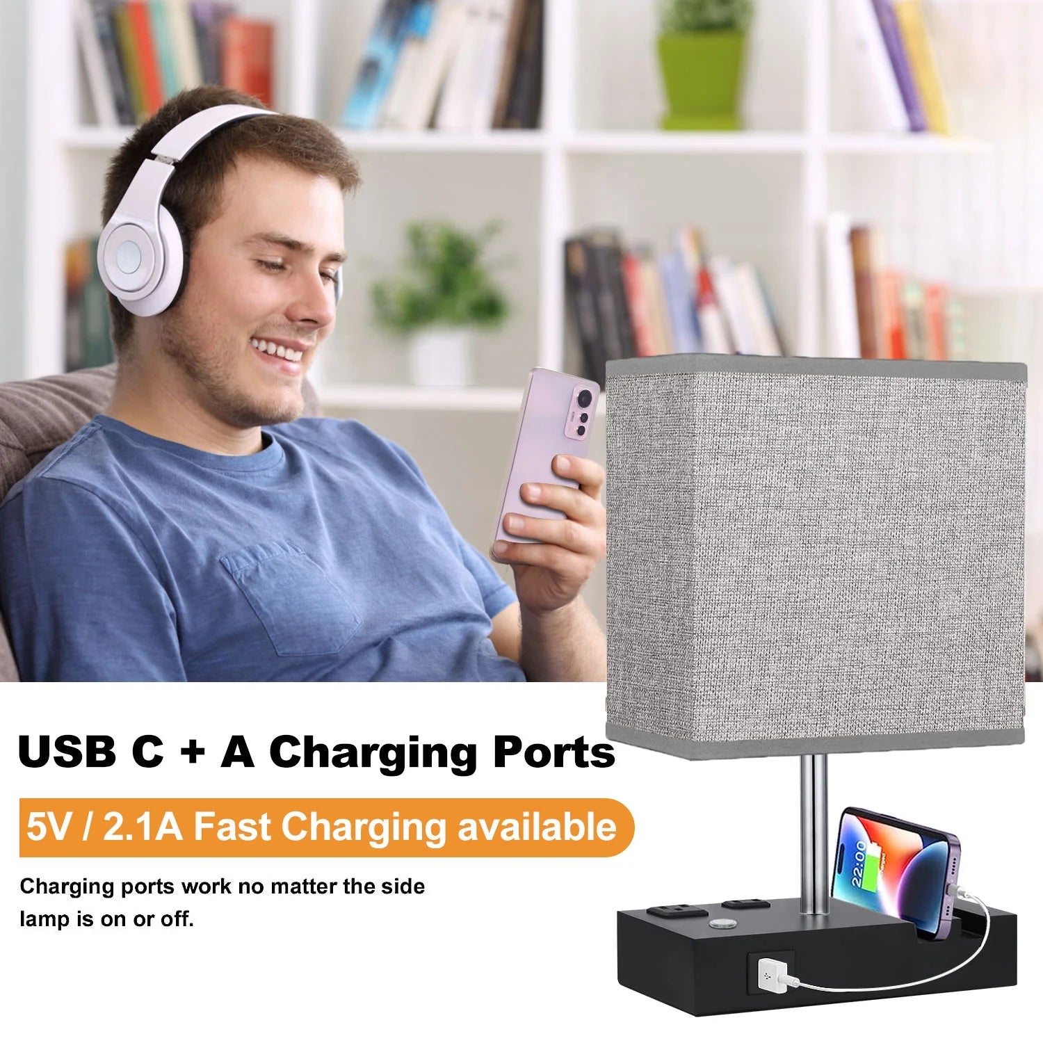 Bedside Table Lamps with Dual Phone Stands – Gray