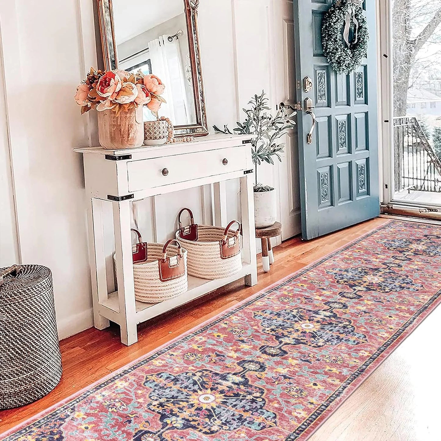 Vintage Distressed Runner Rug – 2' x 10' Pink Non-Slip Washable Hallway & Kitchen Rug