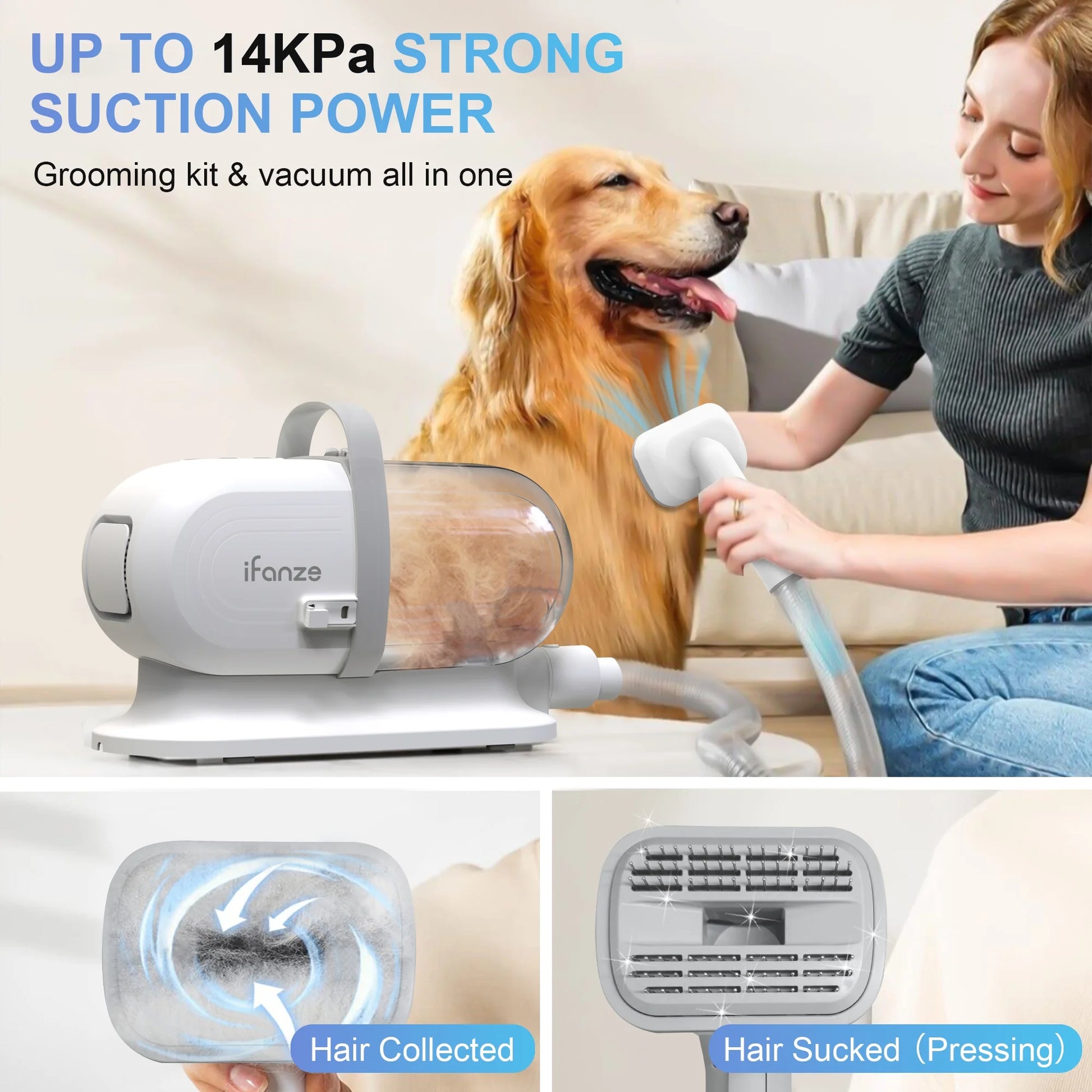 14Kpa Pet Grooming Kit & Vacuum – 2.5L Low-Noise Dog & Cat Hair Suction with 3 Modes and 5 Grooming Tools, White