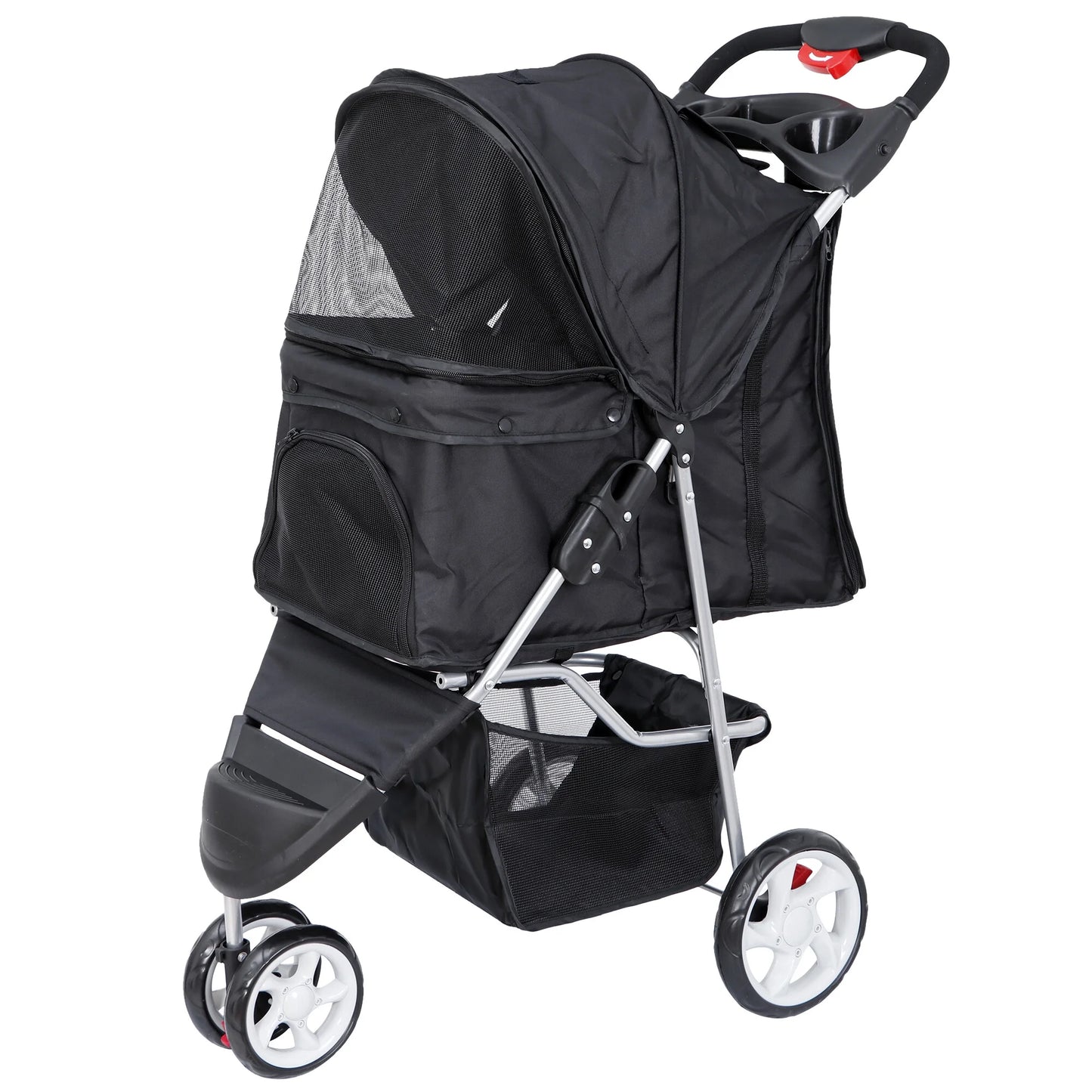 Foldable 3-Wheel Pet Stroller – Dog & Cat Travel Carrier with Storage Basket, Black