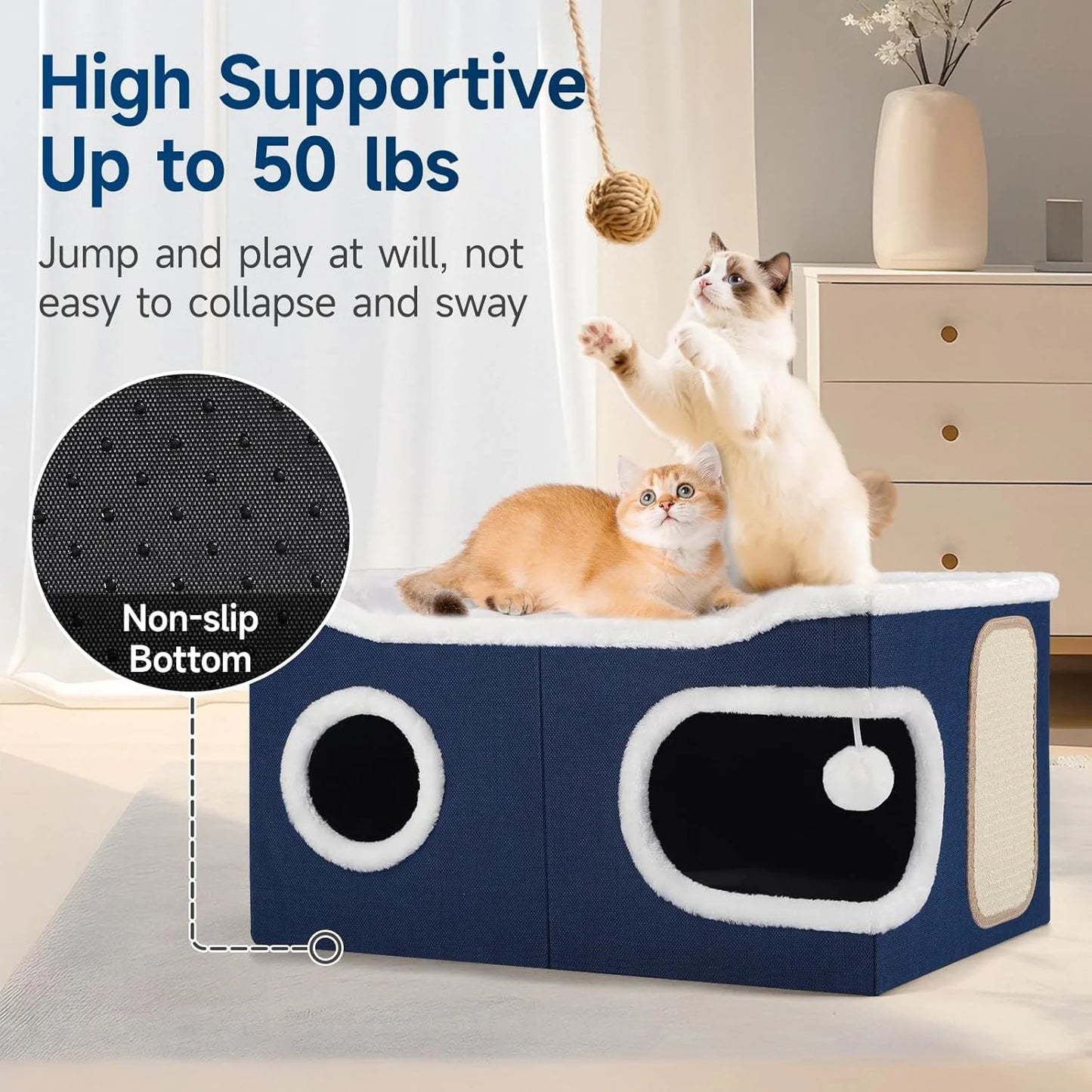 Extra-Large Indoor Cat Bed – Foldable Cat Cave with Scratch Pad & Hanging Ball, Blue