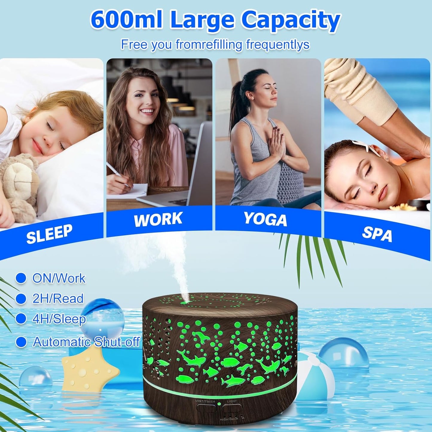 600ml Essential Oil Diffuser & Humidifier – Large Room, Remote Control, 7-Color LED, 3 Mist Modes, Dark Wood