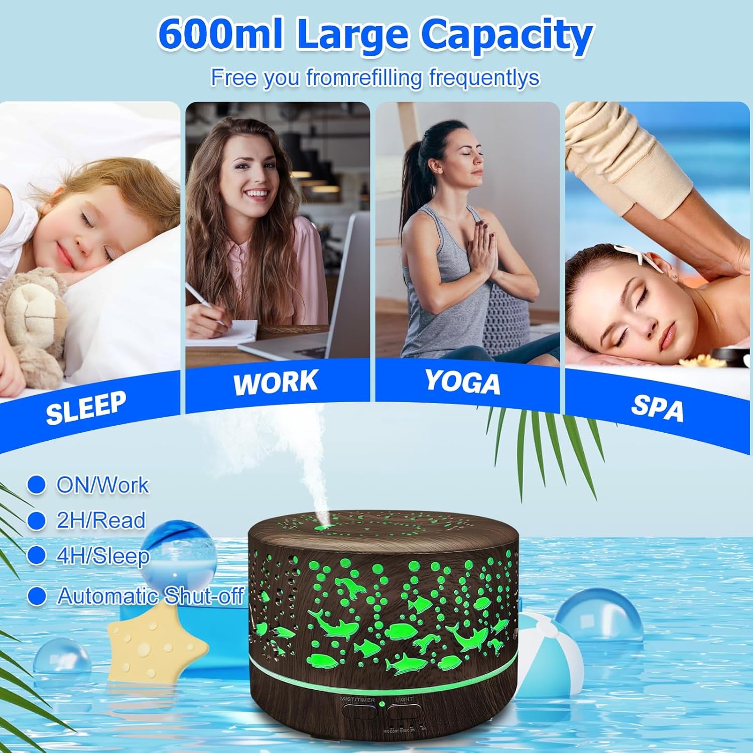 600ml Essential Oil Diffuser & Humidifier – Large Room, Remote Control, 7-Color LED, 3 Mist Modes, Dark Wood