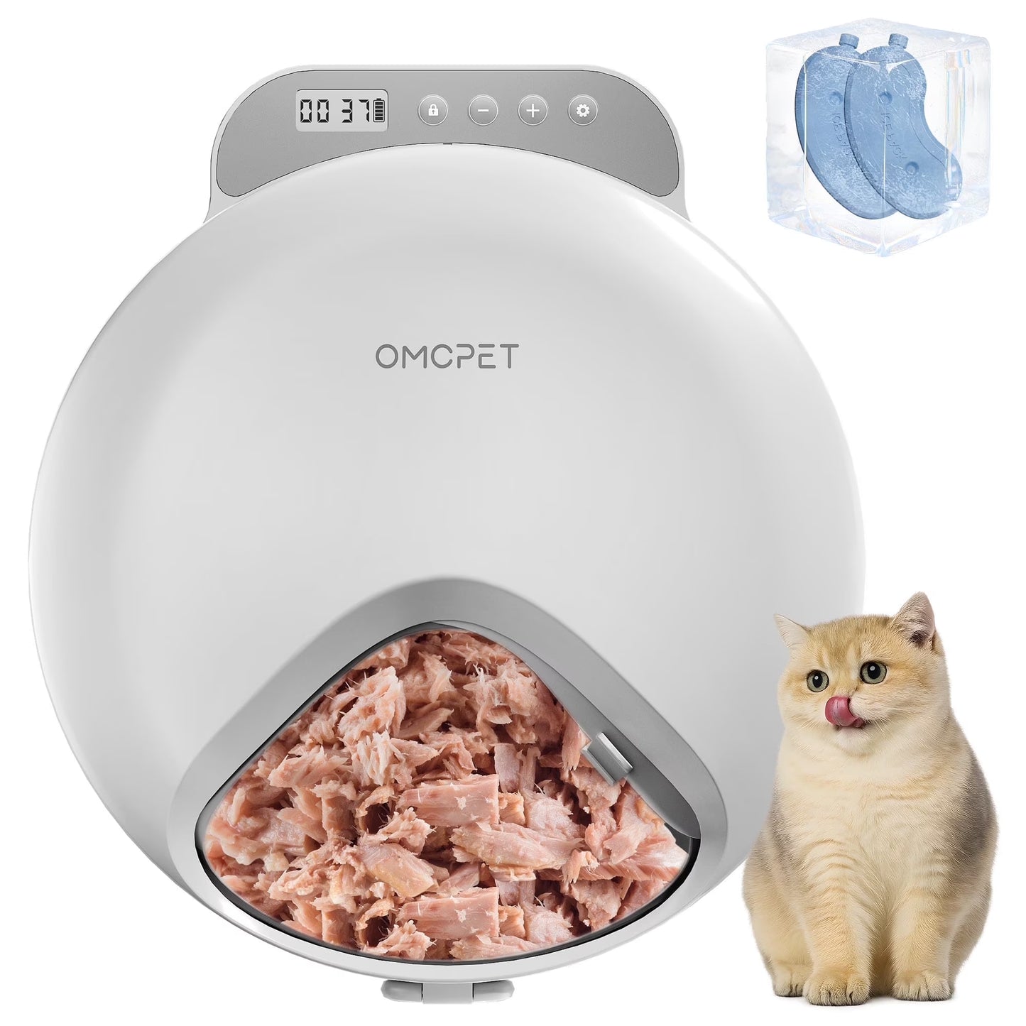 Automatic Cat Feeder – Refrigerated Wet & Dry Food Dispenser with 4 Timed Meals, 2 Ice Packs, White