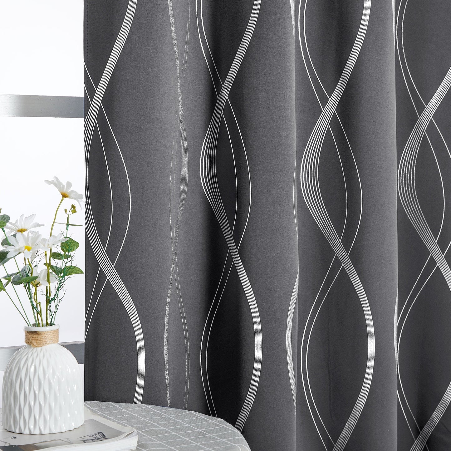 Blackout Thermal Insulated Curtains – 2 Panels, Grey Wave-Line Embossed, 52" W x 84" L