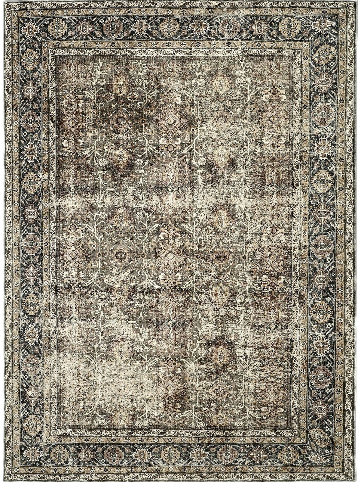 Large Vintage Oriental Area Rug – 10' x 12' Brown Distressed Non-Slip Rug