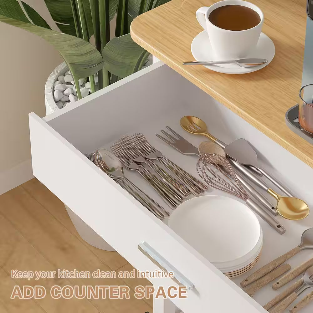 Kitchen Island Cart on Wheels – 40" Rolling Utility Cart with Power Strip & White Wood Shelves