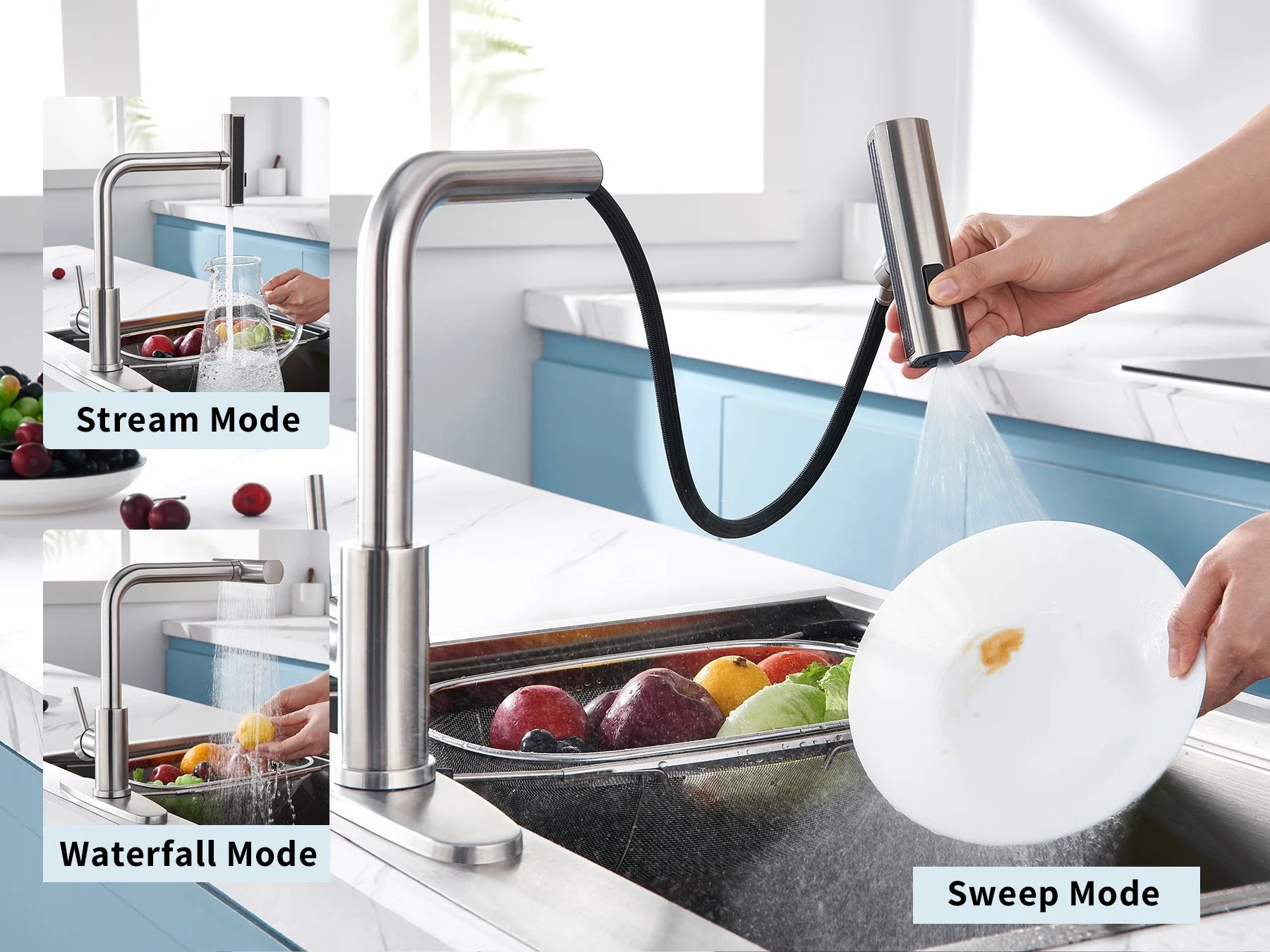 Brushed Nickel Waterfall Kitchen Faucet – Pull-Down Sprayer with 3 Spray Modes & Single Lever Handle