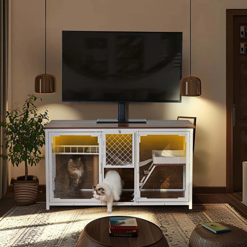 Dietzel Wooden Cat Cage & TV Stand – Multi-Functional Cat House Furniture