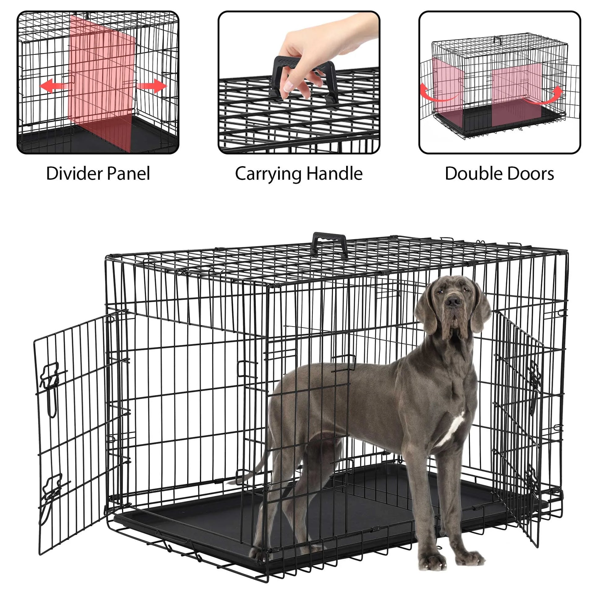 48" Foldable Dog Crate – Double-Door Metal Wire Kennel with Handle & Plastic Tray for Large Dogs, Black