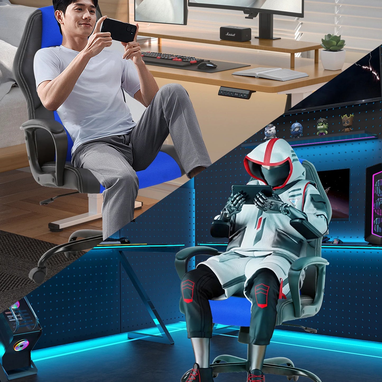 Blue Gaming Office Chair – Ergonomic Computer Chair with Lumbar Support for Adults