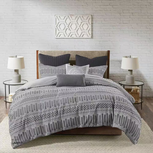 Rhea 3-Piece Grey & Black Cotton Comforter Set – Full/Queen