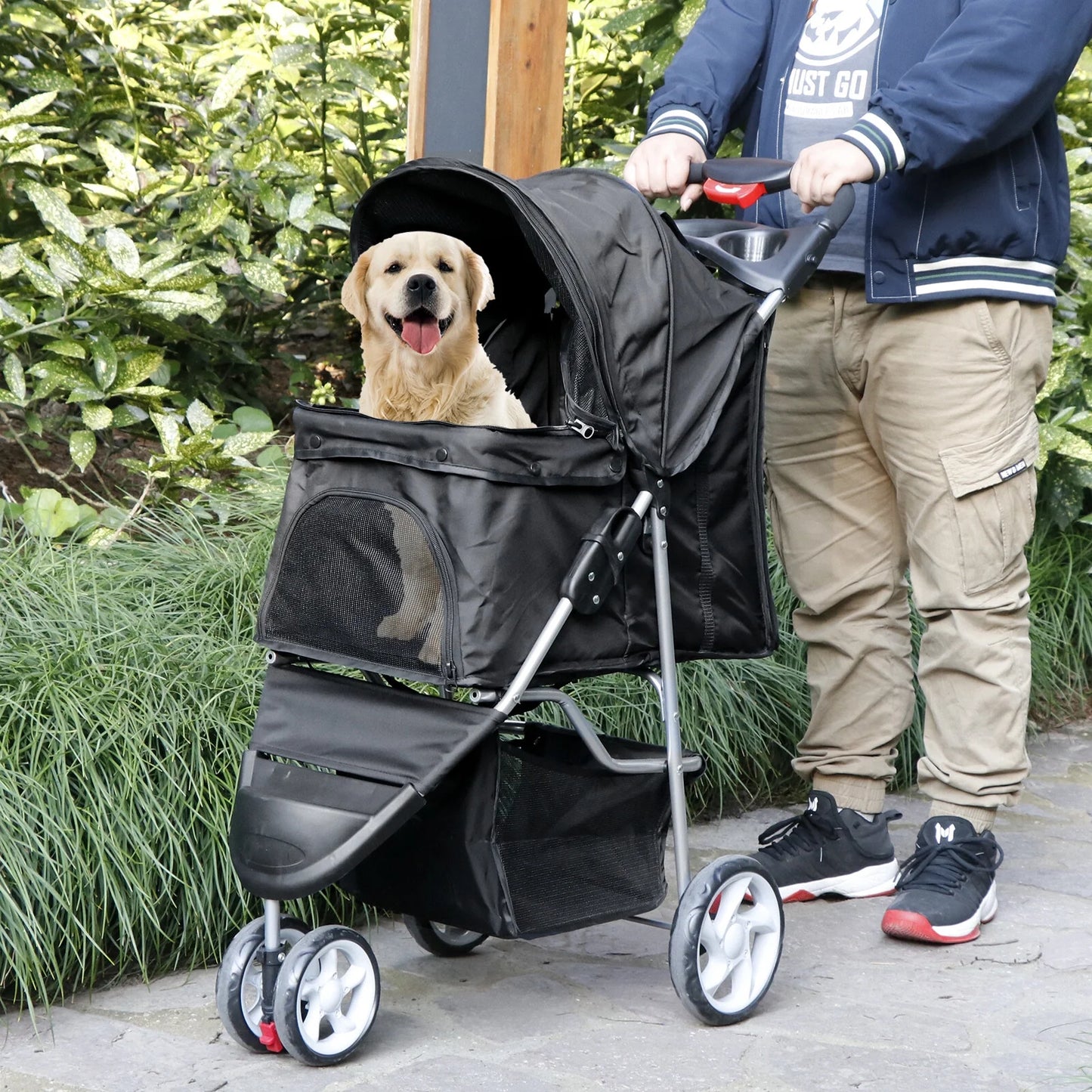 Foldable 3-Wheel Pet Stroller – Dog & Cat Travel Carrier with Storage Basket, Black