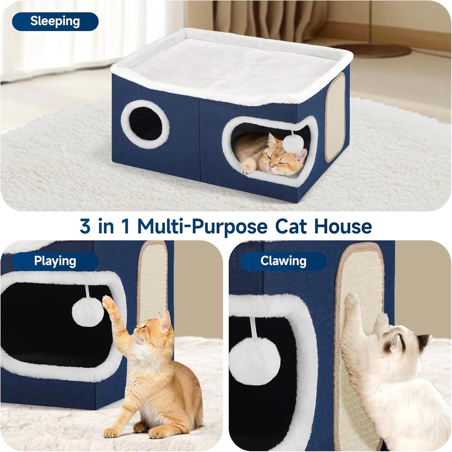 Extra-Large Indoor Cat Bed – Foldable Cat Cave with Scratch Pad & Hanging Ball, Blue