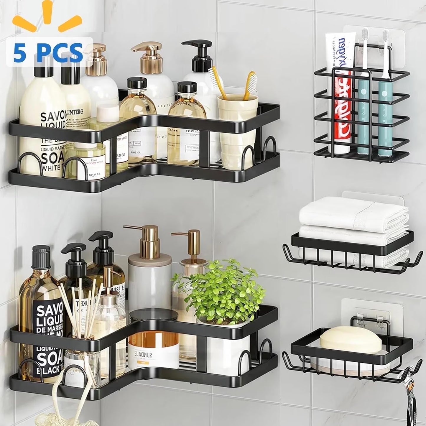 5-Piece Corner Shower Caddy Organizer – Wall-Mounted Rustproof Stainless Steel with Soap & Toothbrush Holder