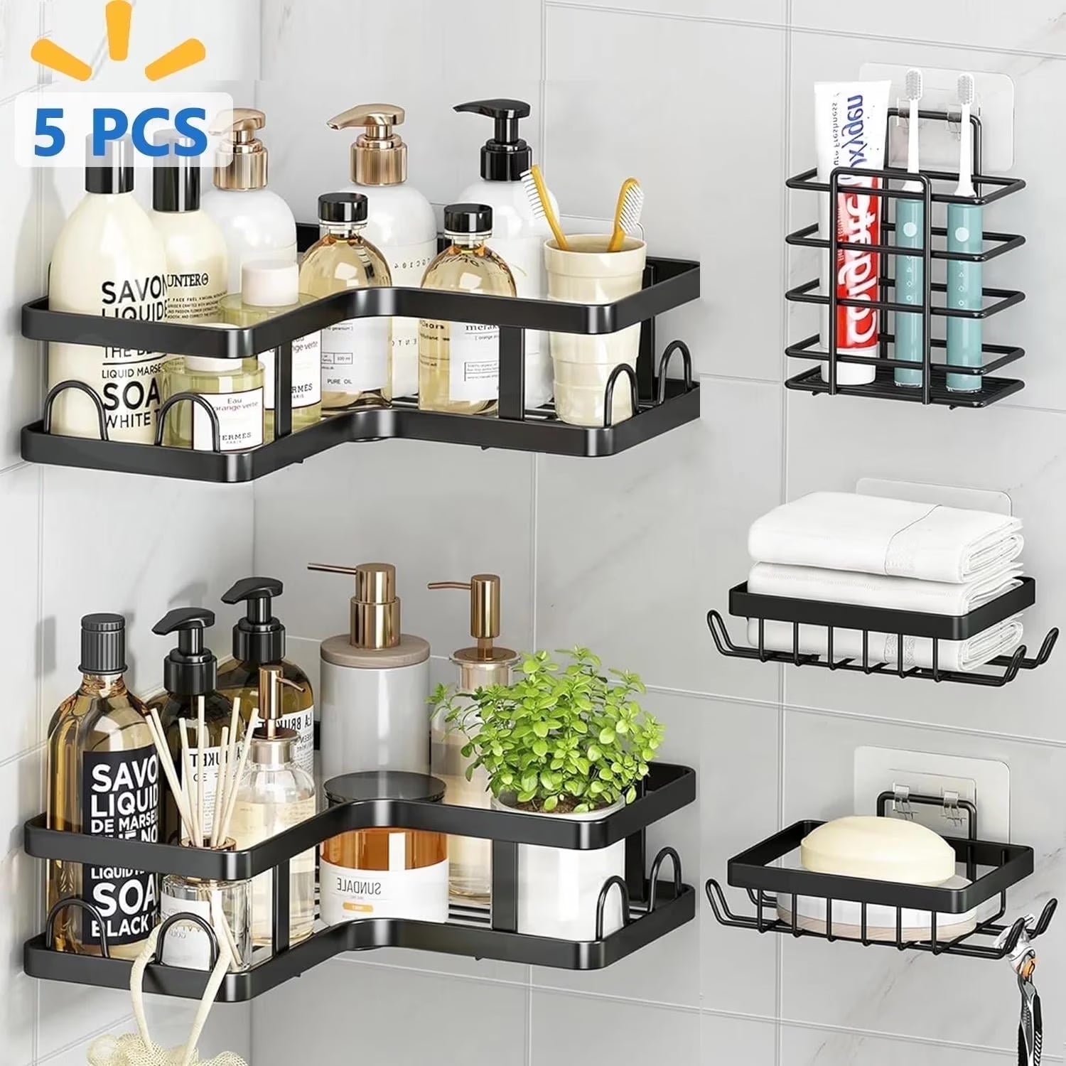 5-Piece Corner Shower Caddy Organizer – Wall-Mounted Rustproof Stainless Steel with Soap & Toothbrush Holder