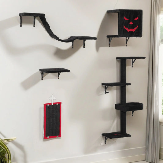 Cat Wall Shelves & Perches Set – Gothic Mounted Cat Tree for 5 Cats, Indoor Climbing & Lounging