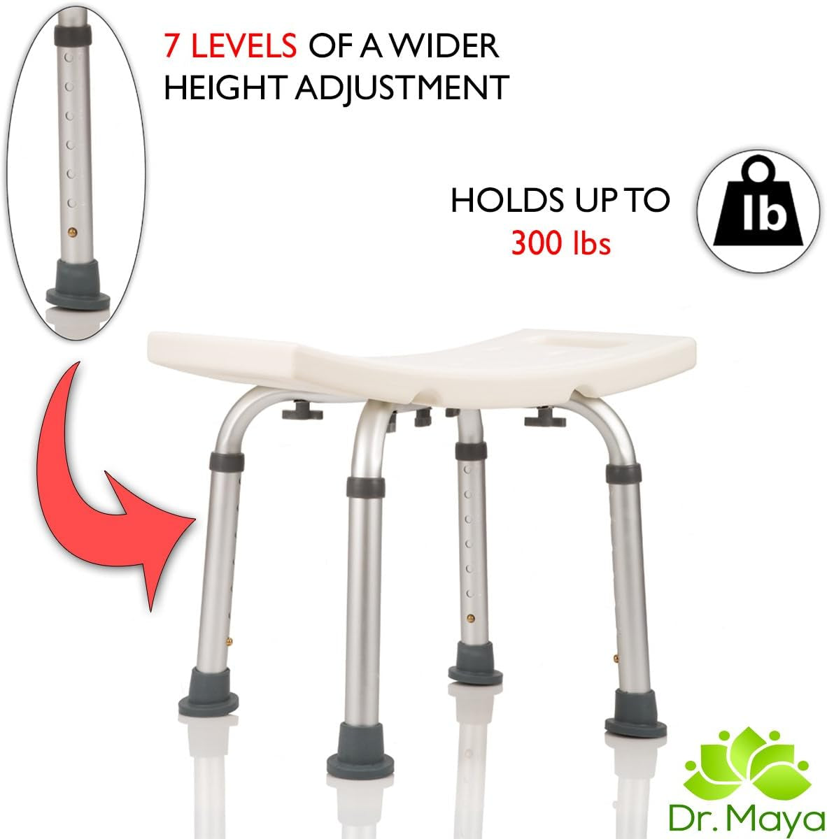 Dr. Maya’s Adjustable Shower Chair with Free Grab Bar – Handicap Shower Stool & Bath Seat, 300 lb Capacity