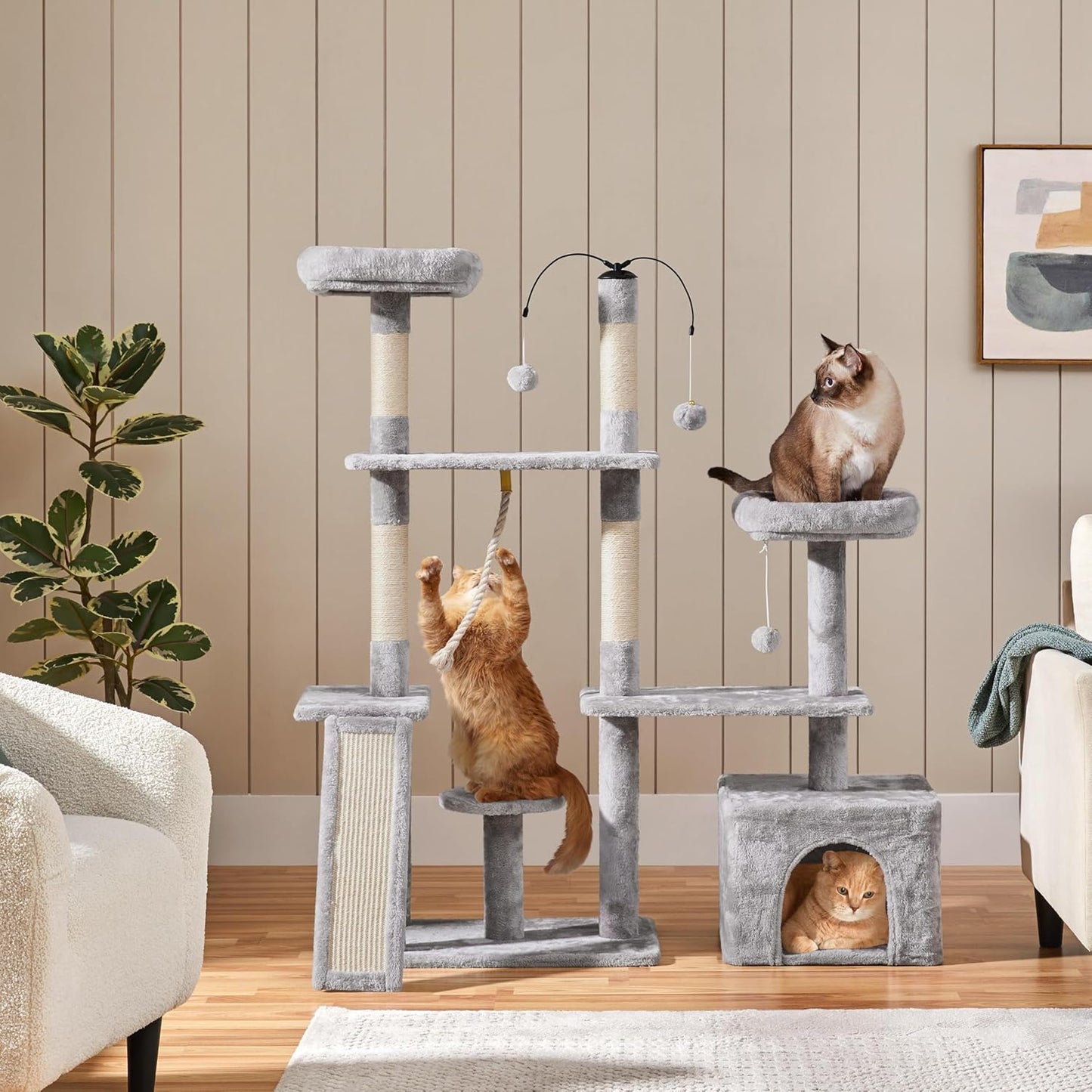 53.5" Cat Tree Playhouse – Indoor Tower with Sisal Scratching Posts, Condo & Perches, Light Gray