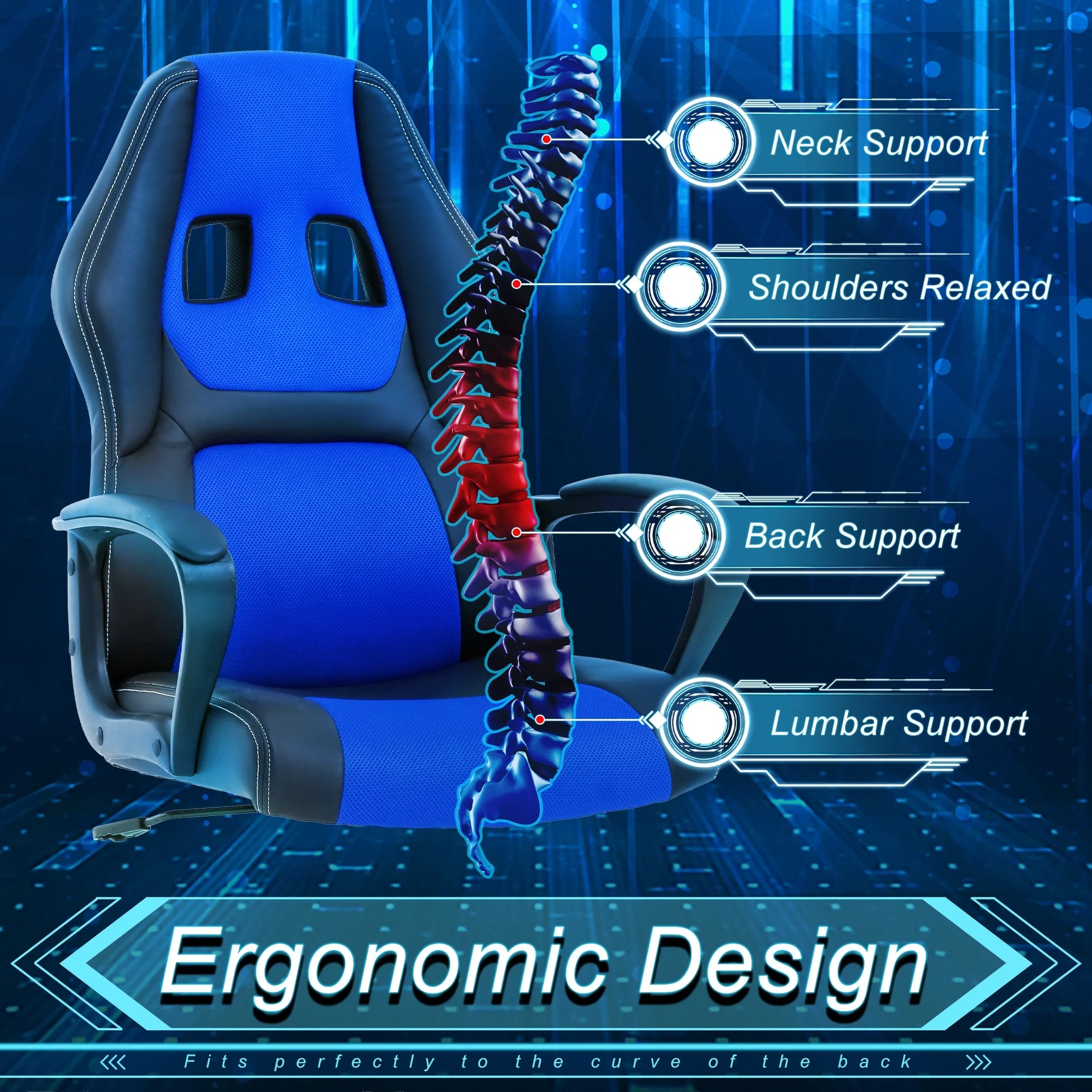 Blue Gaming Office Chair – Ergonomic Computer Chair with Lumbar Support for Adults