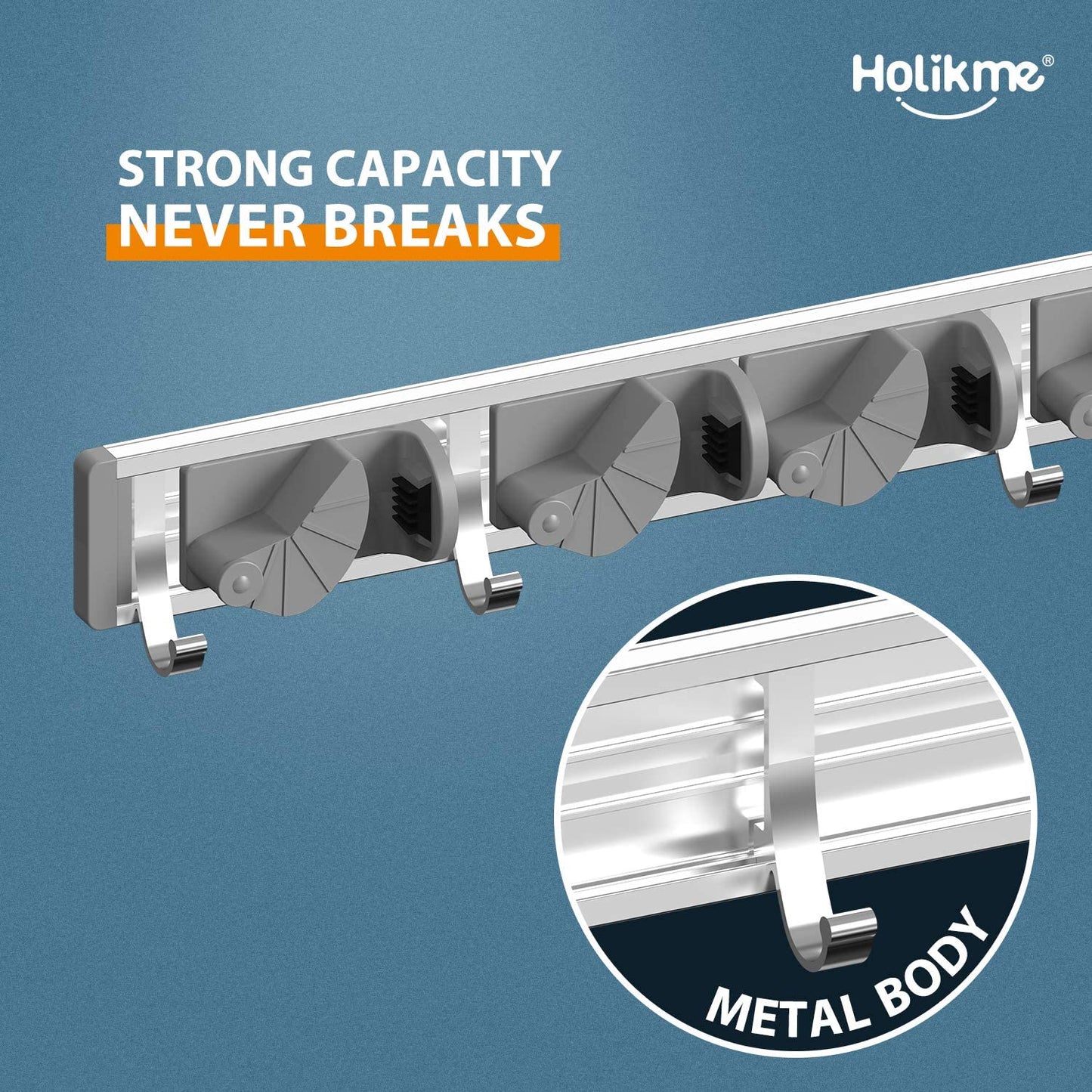 Mop & Broom Holder – Wall-Mount Metal Organizer with 4 Hooks, Silver