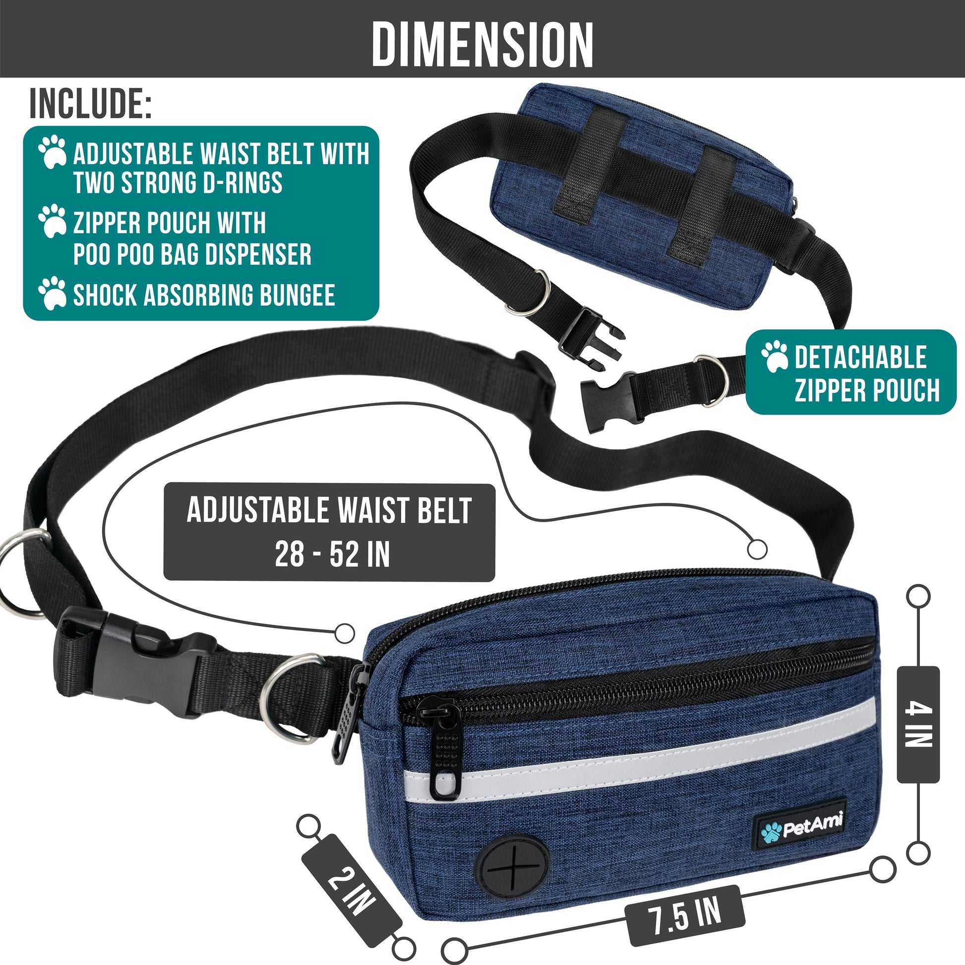 Hands-Free Dog Leash with Waist Belt – Jogging & Walking Leash with Pouch and Poop Bag Dispenser