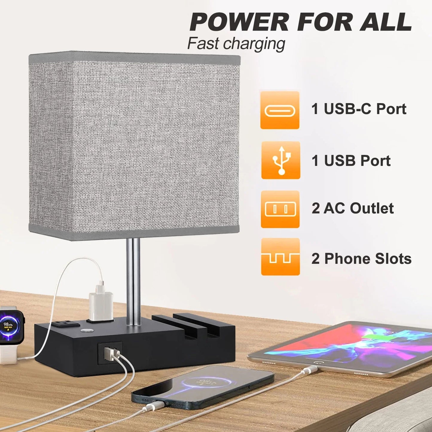 Bedside Table Lamps with Dual Phone Stands – Gray