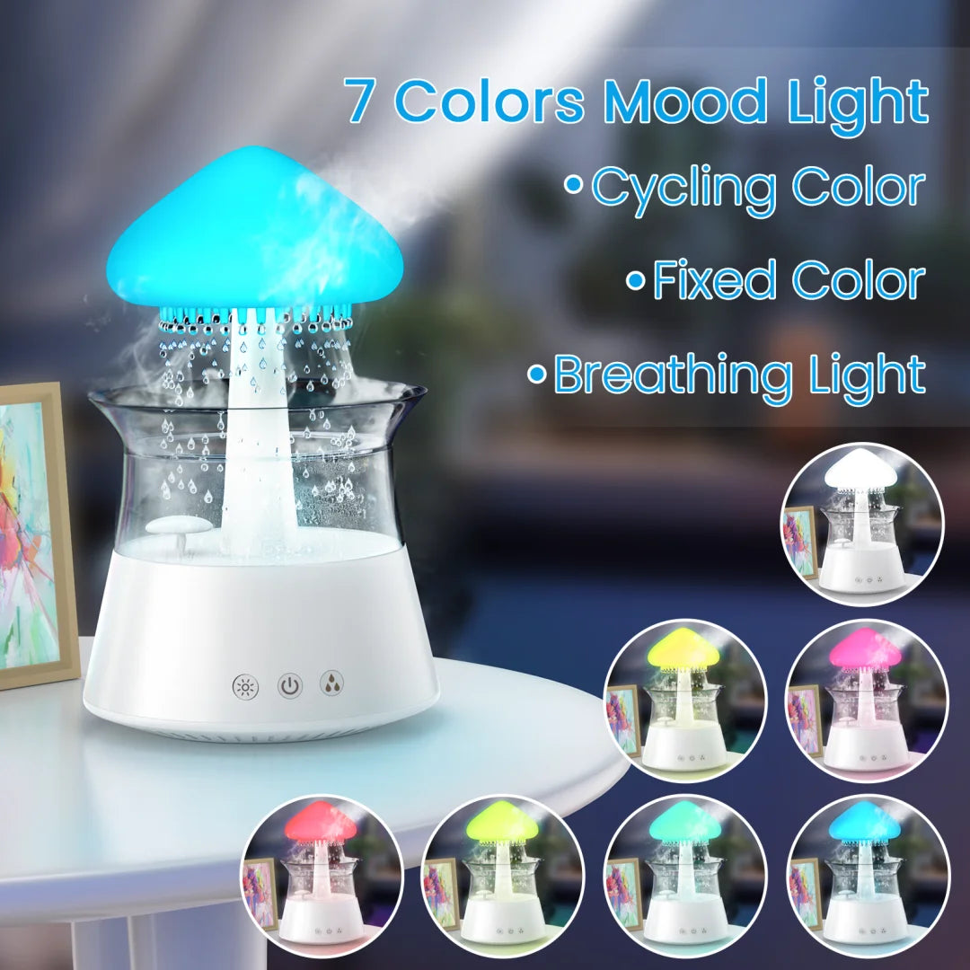 Cloud Rain Humidifier with Remote – Water Drip White Noise Lamp, Mushroom Design