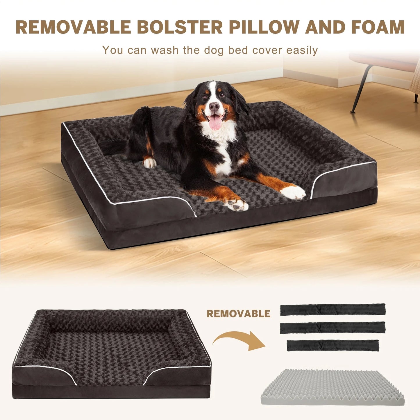 Large Orthopedic Dog Bed – Waterproof Sofa Bed with Non-Slip Base and Removable Washable Cover, Brown (M–XXL)