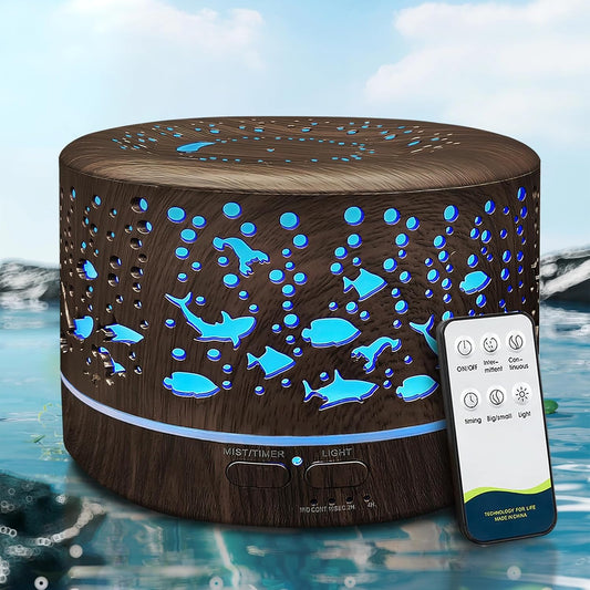 600ml Essential Oil Diffuser & Humidifier – Large Room, Remote Control, 7-Color LED, 3 Mist Modes, Dark Wood
