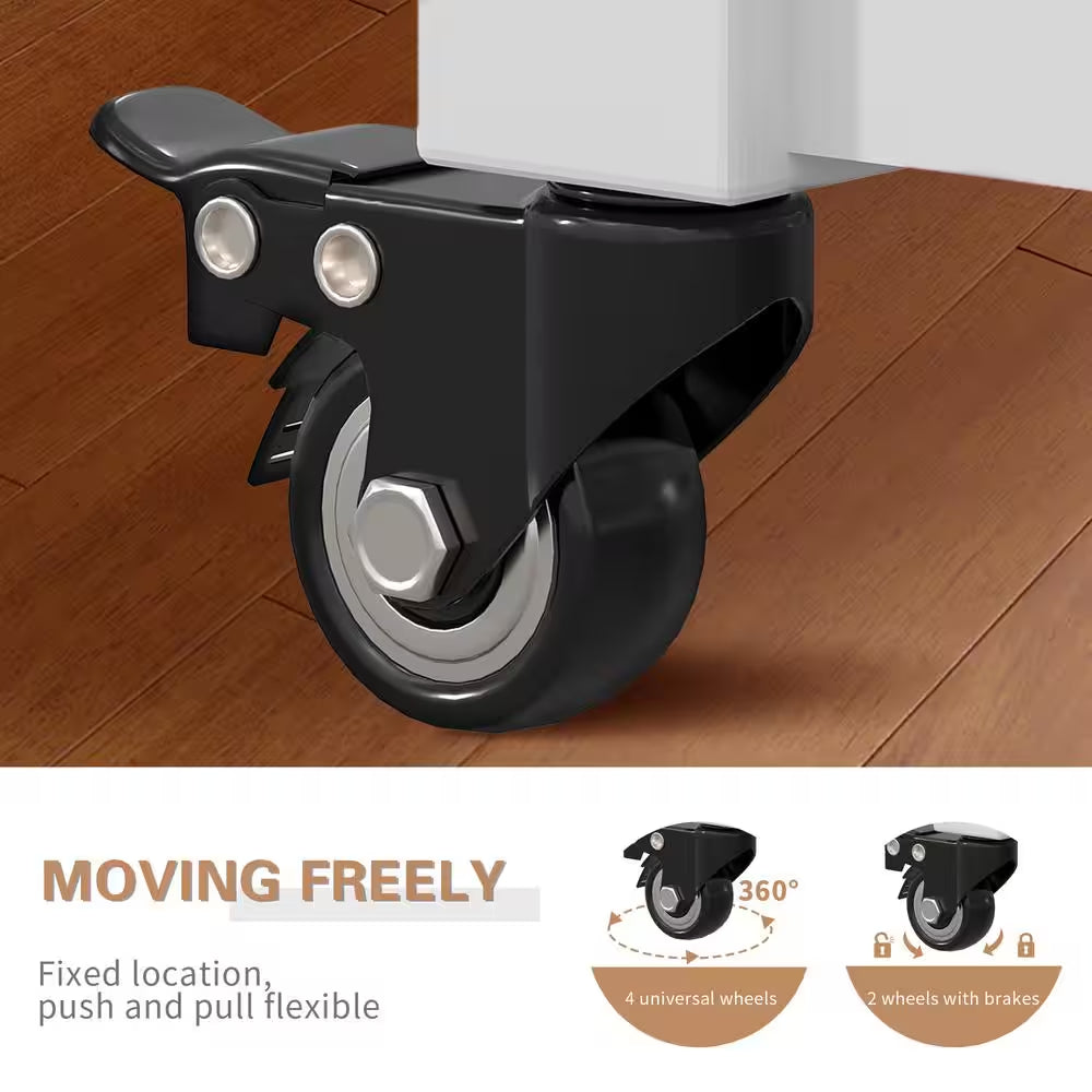Kitchen Island Cart on Wheels – 40" Rolling Utility Cart with Power Strip & White Wood Shelves