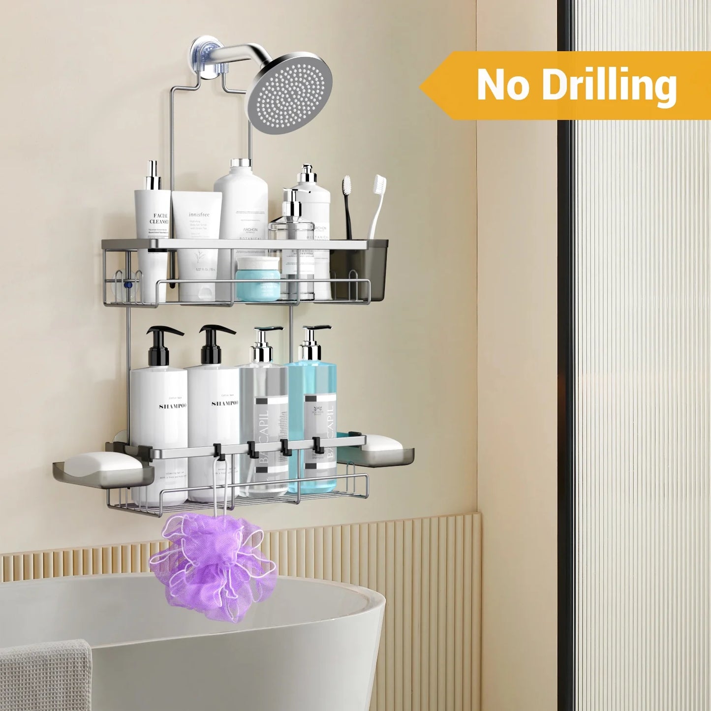 Over-Shower-Head Caddy – Stainless Steel Bathroom Organizer with Soap Holder, Hooks & Toothbrush Holder, Gray
