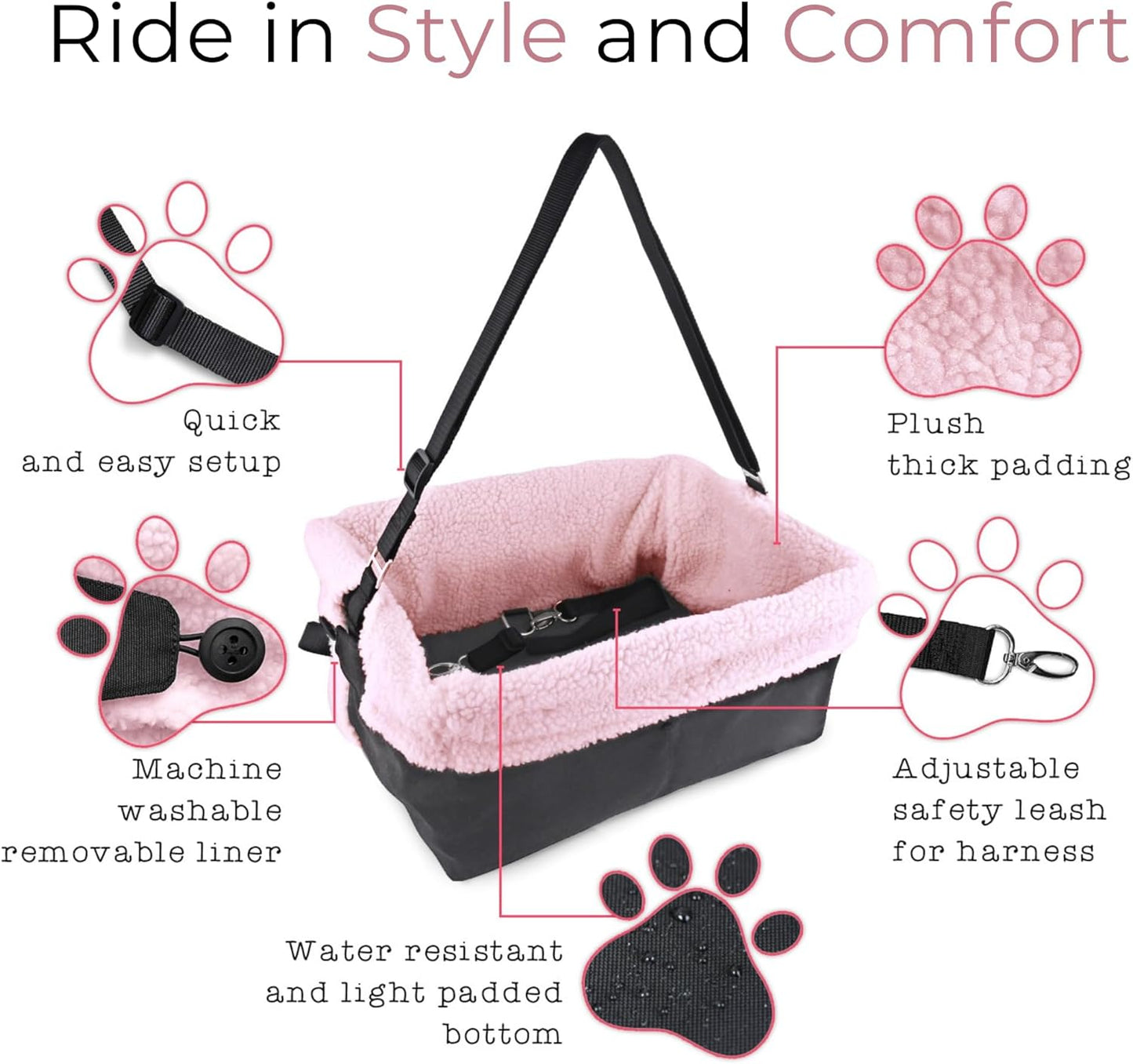 Dog Car Booster Seat – Grey Travel Carrier Bed for Small Dogs, Washable, Adjustable & Collapsible