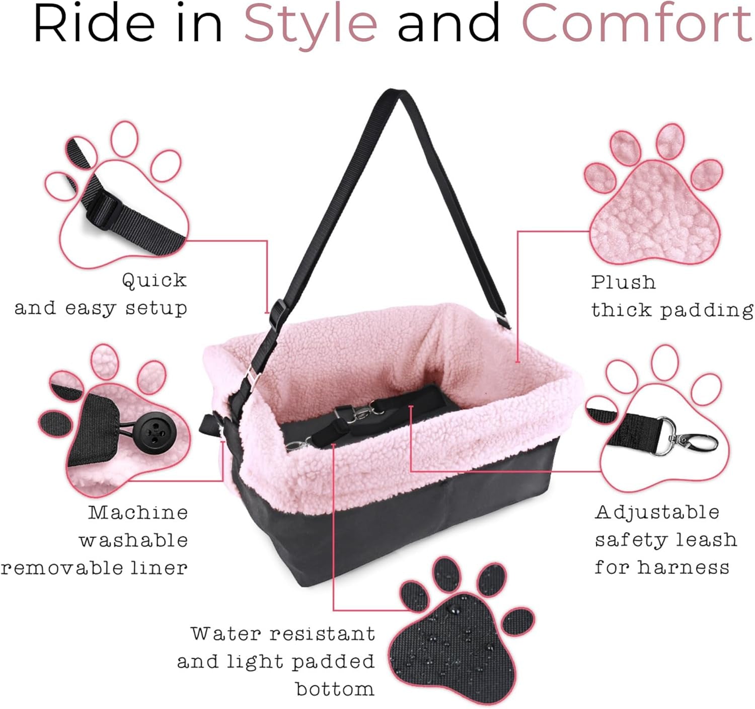 Dog Car Booster Seat – Grey Travel Carrier Bed for Small Dogs, Washable, Adjustable & Collapsible