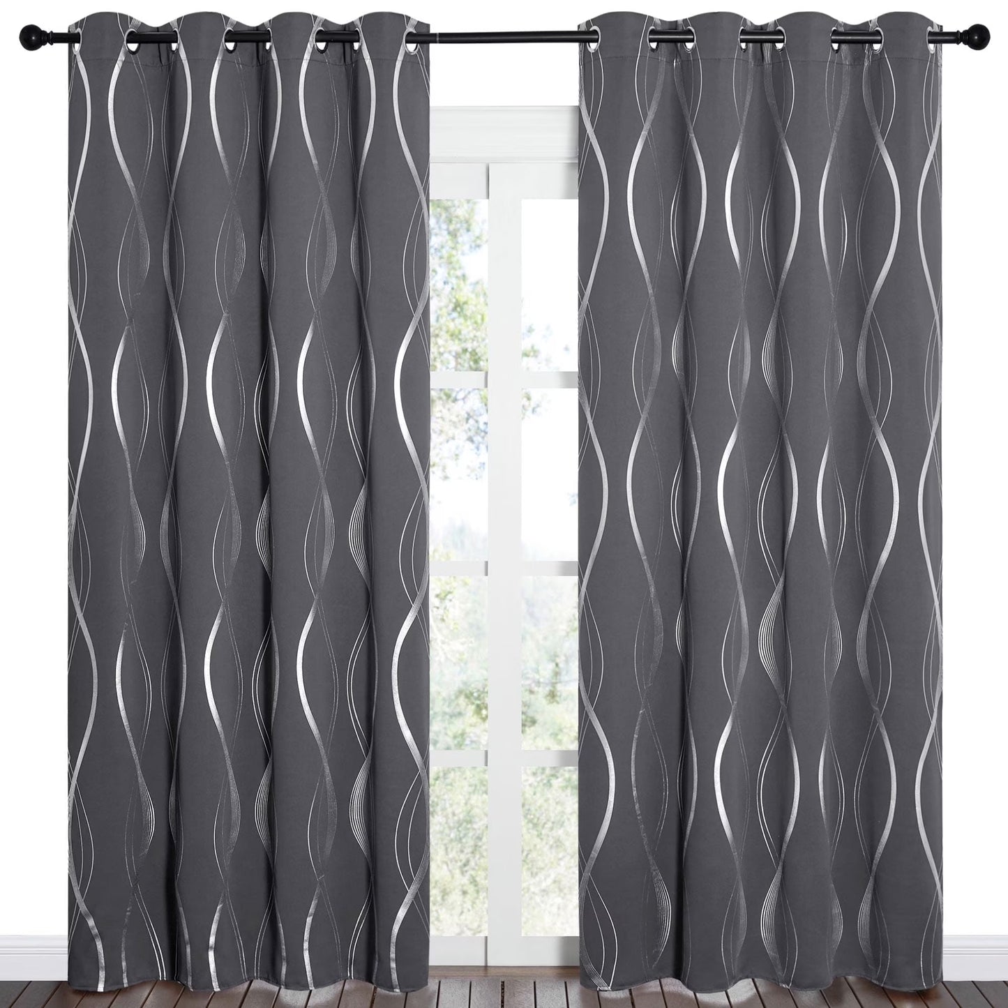Blackout Thermal Insulated Curtains – 2 Panels, Grey Wave-Line Embossed, 52" W x 84" L
