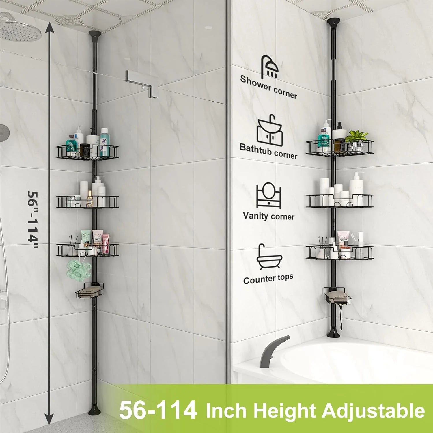 Corner Shower Caddy Tension Pole – Rustproof Stainless Steel Adjustable Floor-to-Ceiling Shower Organizer