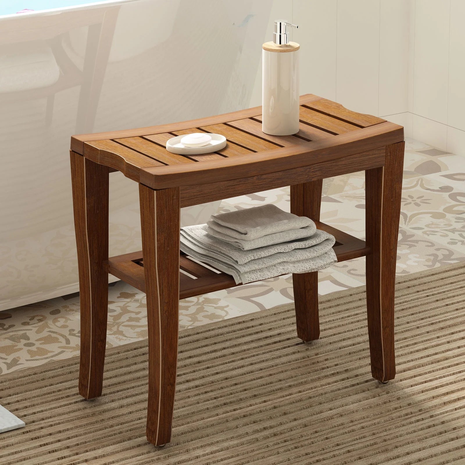 Bamboo Wood Bathroom Shower Bench – Non-Slip Waterproof Shower Stool, Indoor & Outdoor